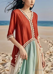 Italian Red V Neck Patchwork Cotton Long Dress Summer