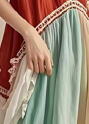 Italian Red V Neck Patchwork Cotton Long Dress Summer