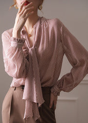 Italian Red V Neck Plaid Ruffled Fine Silk Shirt Tops Spring