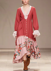 Italian Red V Neck Print Patchwork Cotton Long Dresses Butterfly Sleeve