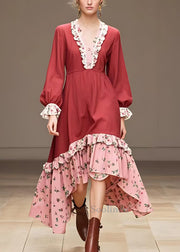 Italian Red V Neck Ruffled Cotton Dresses Long Sleeve