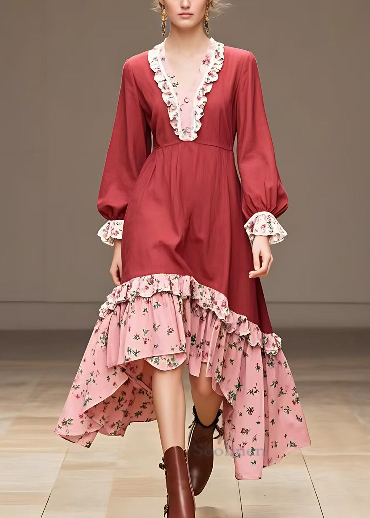 Italian Red V Neck Ruffled Cotton Dresses Long Sleeve