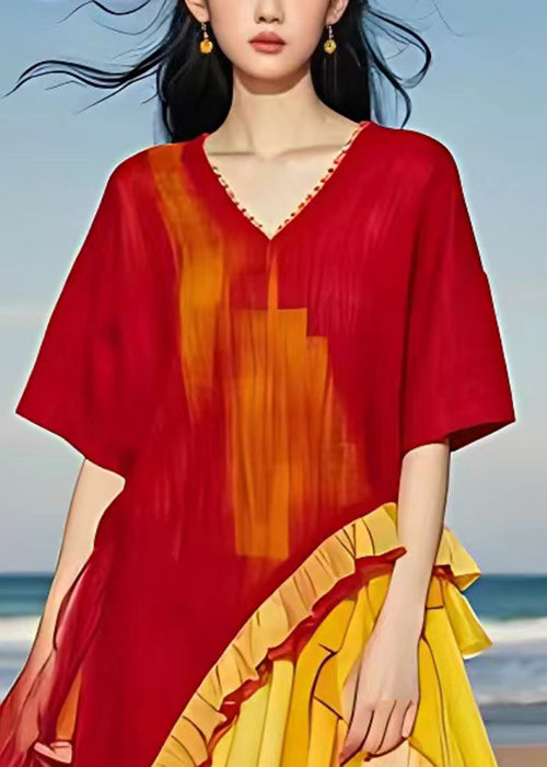 Italian Red V Neck Ruffled Patchwork Chiffon Dress Summer