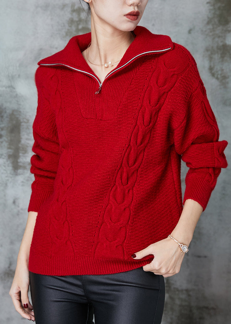 Italian Red Zip Up Cable Knit Sweatshirt Sweater Spring