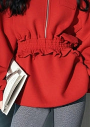 Italian Red Zip Up Ruffled Patchwork Cotton Sweatshirt Spring