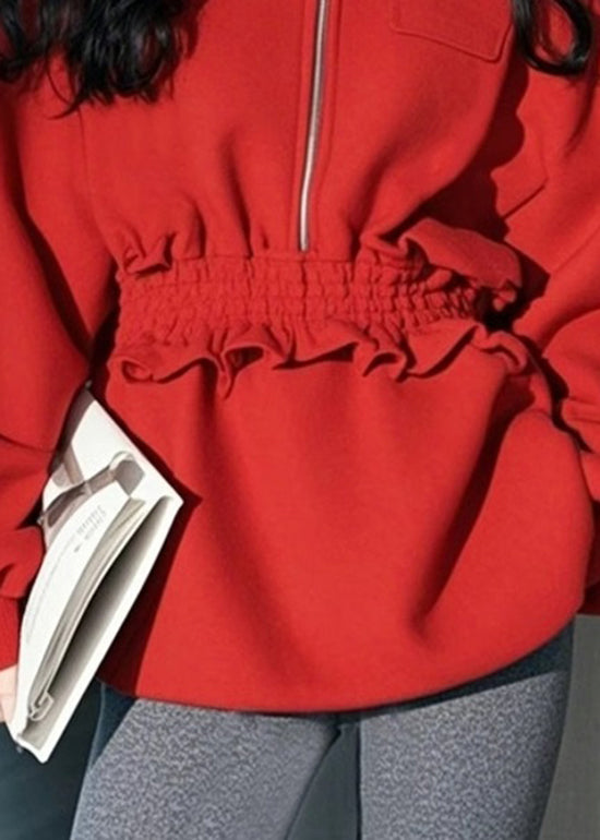 Italian Red Zip Up Ruffled Patchwork Cotton Sweatshirt Spring