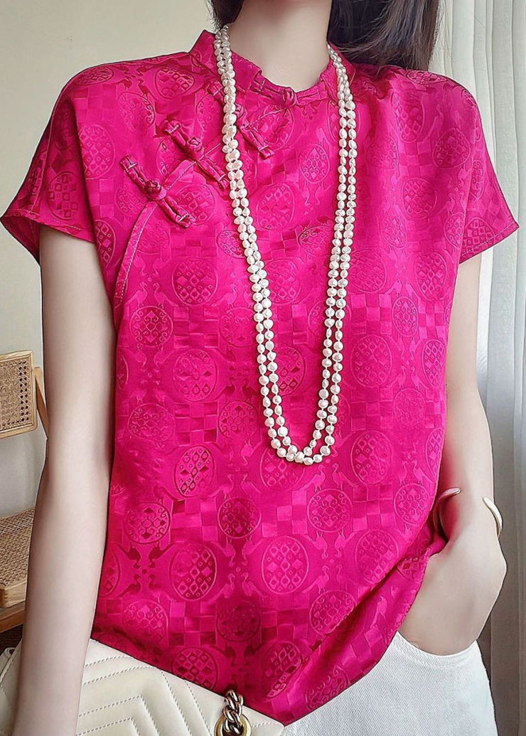 Italian Rose Button Print Silk T Shirts Short Sleeve