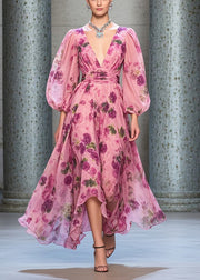 Italian Rose Cinched Print Chiffon Long Dresses Lantern Sleeve