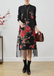 Italian Rose Embroideried Patchwork Knit Long Dress Fall