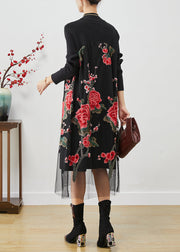 Italian Rose Embroidered Patchwork Knit Long Dress Fall