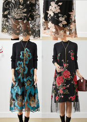 Italian Rose Embroidered Patchwork Knit Long Dress Fall