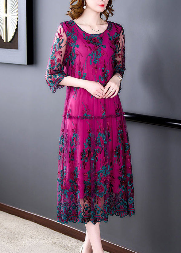 Italian Rose Embroideried Ruffled Patchwork Tulle Dress Half Sleeve