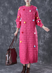 Italian Rose Fuzzy Ball Decorated Knit Long Sweater Dress Winter