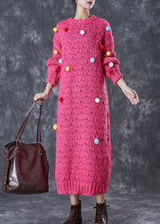 Italian Rose Fuzzy Ball Decorated Knit Long Sweater Dress Winter