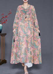 Italian Rose Green Cinched Print Chiffon Long Dresses Fall