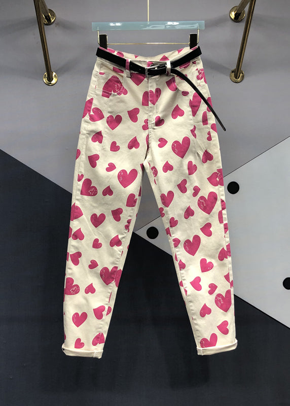 Italian Rose Heart Print Pockets Patchwork Denim Pants Fall