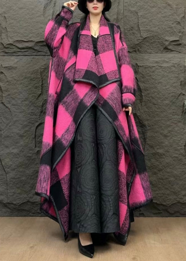 Italian Rose Plaid Pockets Wool Long Coats Winter