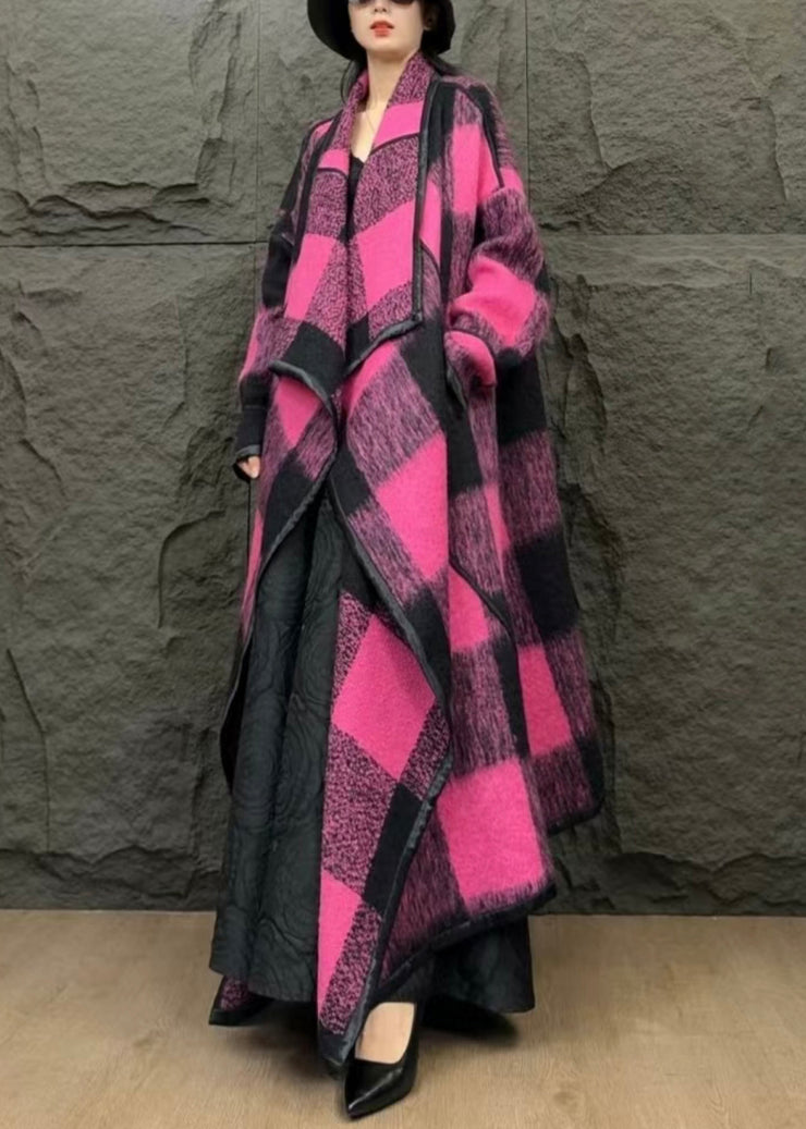 Italian Rose Plaid Pockets Wool Long Coats Winter