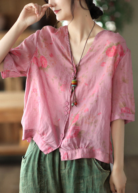 Italian Rose V Neck Print Button Linen Top Half Sleeve