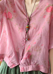 Italian Pink flowers V Neck Print Button Linen Top Half Sleeve