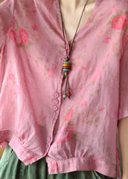 Italian Rose V Neck Print Button Linen Top Half Sleeve