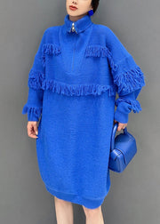 Italian Royal Blue Zip Up Tasseled Cotton Knit Mid Dress Long Sleeve