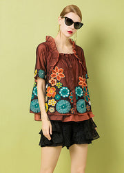 Italian Rust Ruffled Hollow Out Embroidered Patchwork Tulle Tops Summer