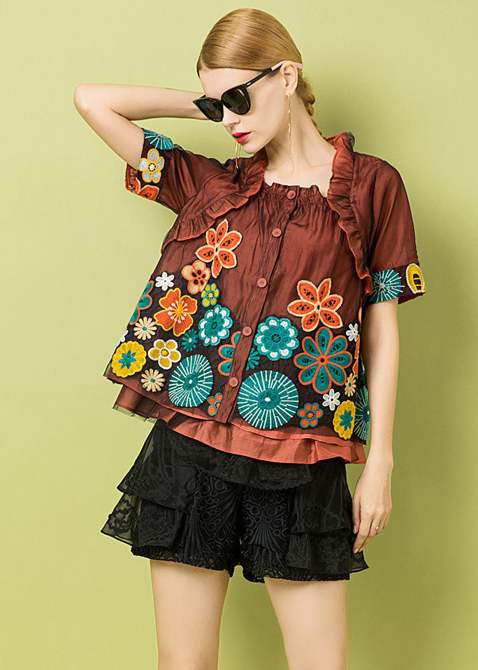 Italian Rust Ruffled Hollow Out Embroidered Patchwork Tulle Tops Summer