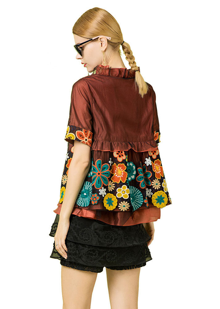 Italian Rust Ruffled Hollow Out Embroideried Patchwork Tulle Tops Summer