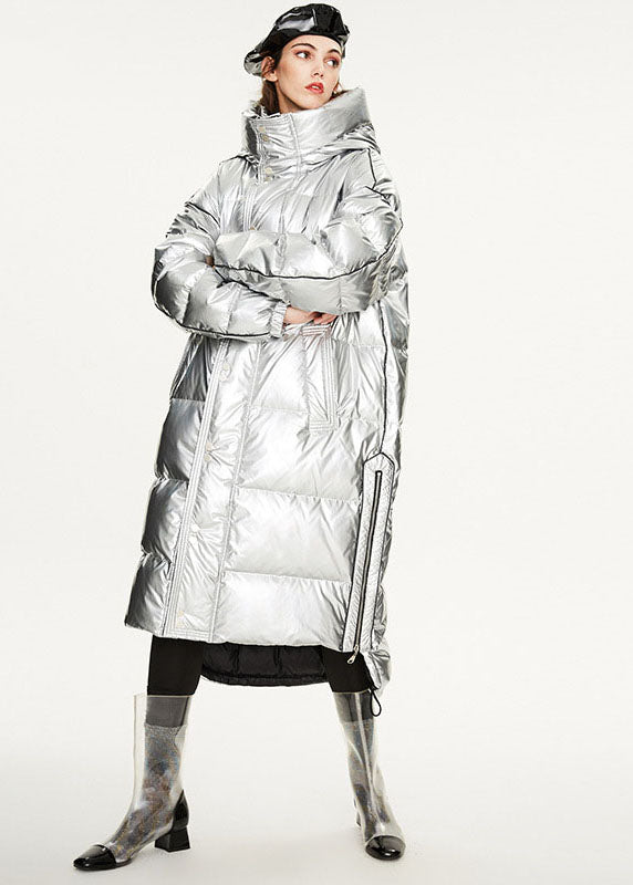 Italian Silvery Oversized Zippered Lengthen Duck Down Winter Coats