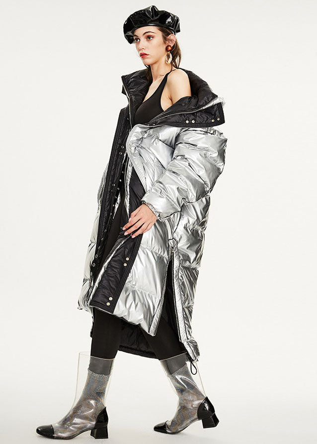 Italian Silvery Oversized Zippered Lengthen Duck Down Winter Coats