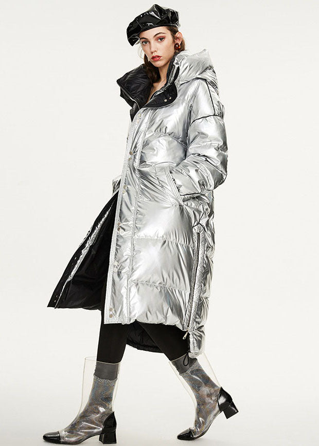 Italian Silvery Oversized Zippered Lengthen Duck Down Winter Coats