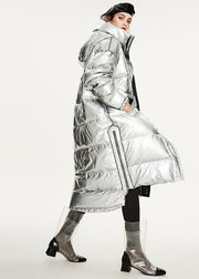 Italian Silvery Oversized Zippered Lengthen Duck Down Winter Coats