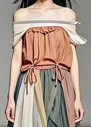 Italian Slash Neck Wrinkled Patchwork Chiffon Long Dresses Summer