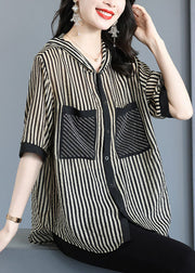 Italian Striped Hooded Pockets Patchwork Chiffon Shirt Tops Summer