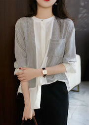 Italian Striped Stand Collar Patchwork Chiffon Shirt Top Spring