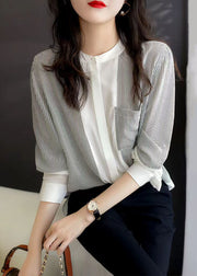 Italian Striped Stand Collar Patchwork Chiffon Shirt Top Spring