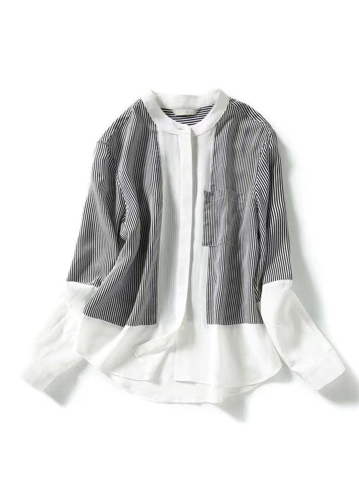 Italian Striped Stand Collar Patchwork Chiffon Shirt Top Spring