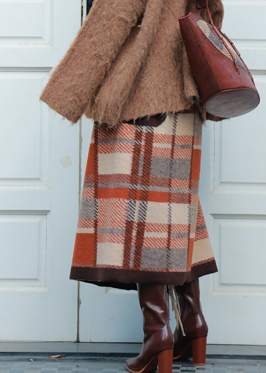 Italian Tasseled Plaid Patchwork Woolen Skirt Spring