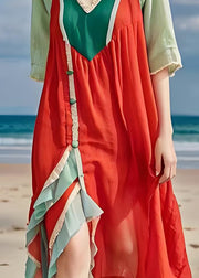 Italian V Neck Asymmetrical Side Open Patchwork Cotton Dress Summer