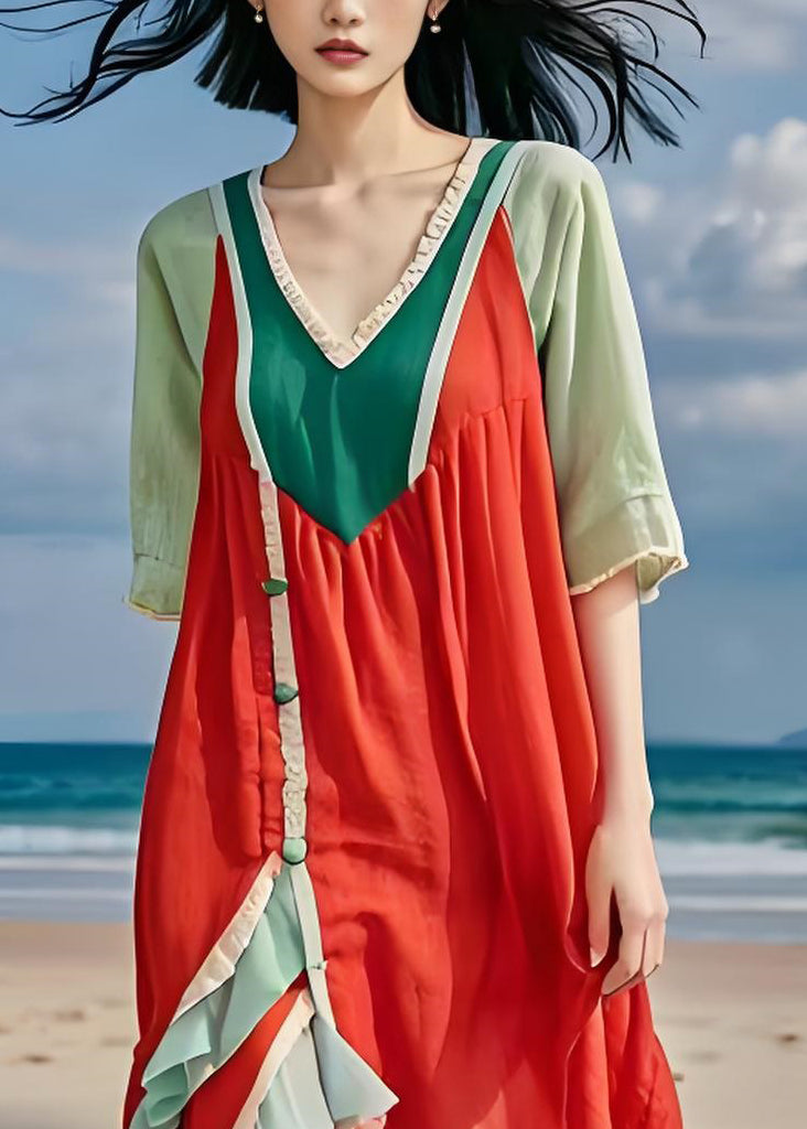 Italian V Neck Asymmetrical Side Open Patchwork Cotton Dress Summer