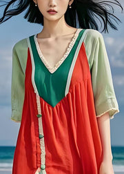 Italian V Neck Asymmetrical Side Open Patchwork Cotton Dress Summer