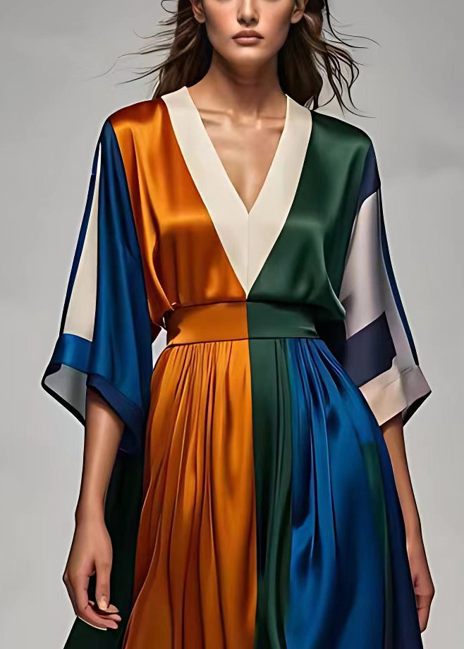 Italian V Neck High Waist Patchwork Silk Maxi Dress Half Sleeve