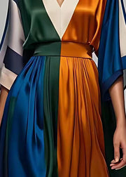 Italian V Neck High Waist Patchwork Silk Maxi Dress Half Sleeve