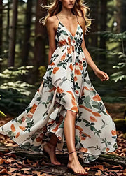 Italian V Neck Print Asymmetrical Silk Long Dresses Summer
