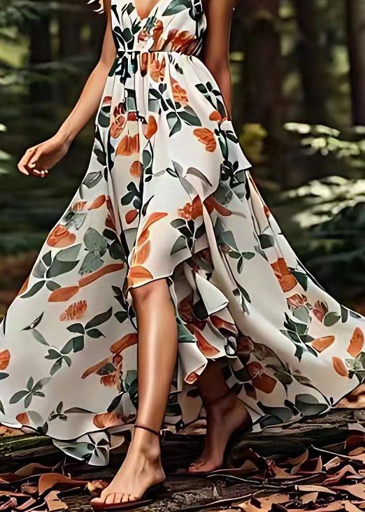 Italian V Neck Print Asymmetrical Silk Long Dresses Summer