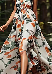 Italian V Neck Print Asymmetrical Silk Long Dresses Summer