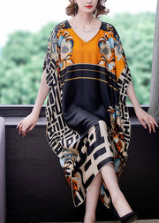 Italian V Neck Print Silk Vacation Long Dresses Summer