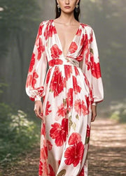 Italian V Neck Print Wrinkled Silk Dresses Spring