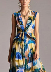 Italian V Neck Tie Waist Print Chiffon Dress Sleeveless